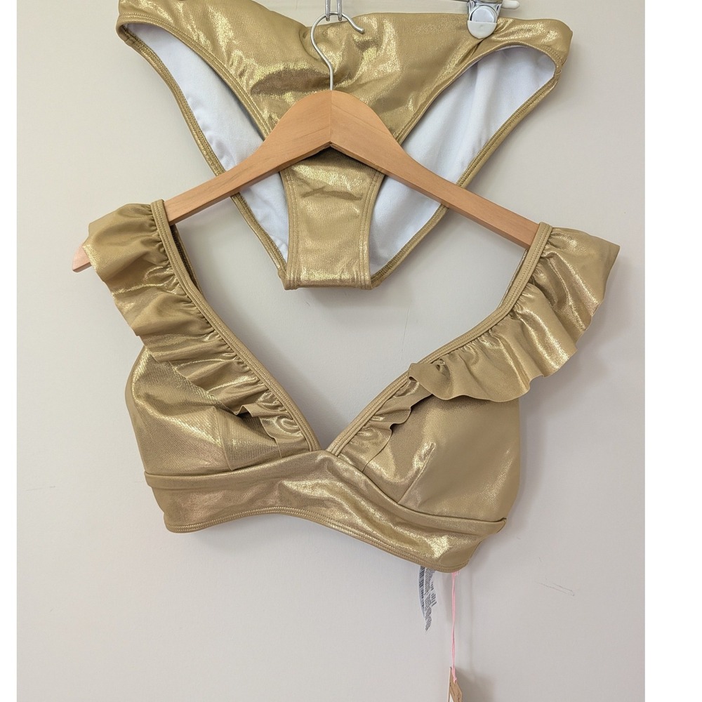 Boden Palermo Ruffle V Bikini Set Gold Metallic‎ Lame Two Piece Swimsuit 8/10 - Picture 5 of 14